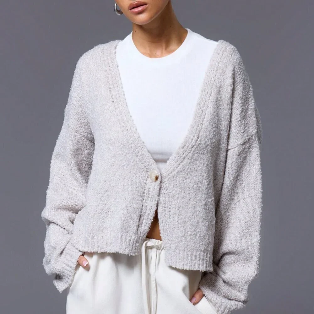Light Grey Casual Women's One Button Long Sleeve Knit Cardigan